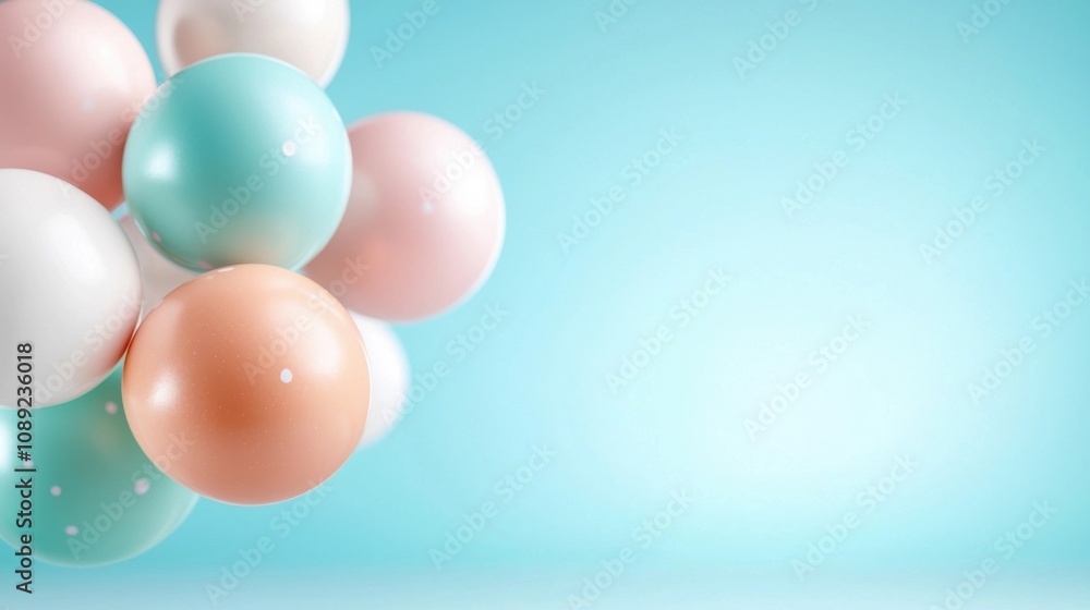Poster assortment of delicate pastel colored balloons floating against a soft colored backdrop this image c