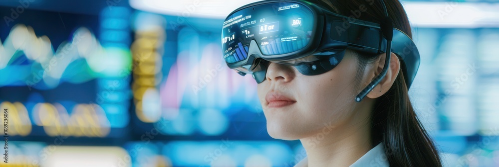 Poster close-up of a woman using an augmented reality headset, engaging with digital data and futuristic ch