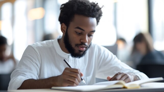 Portrait of an African American male student writing in a notebook while sitting at a desk in a classroom. He appears focused on taking notes during the class