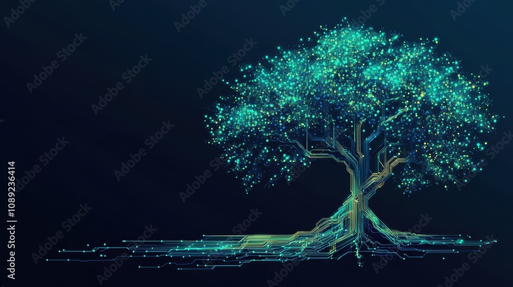 Poster abstract digital tree with glowing particles and circuitry patterns representing growth, technology,