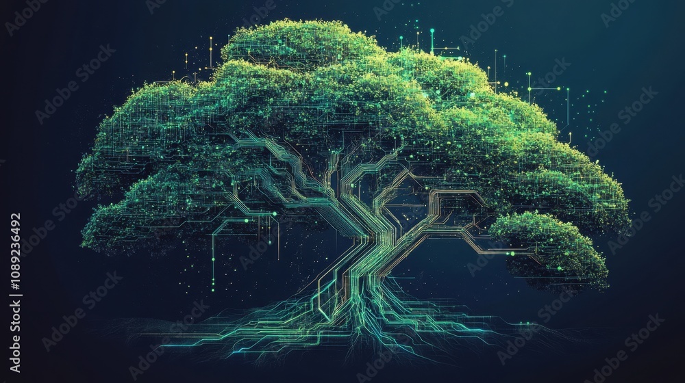 Aufkleber digital tree with circuit patterns representing growth, nature, and technology integration in a futu