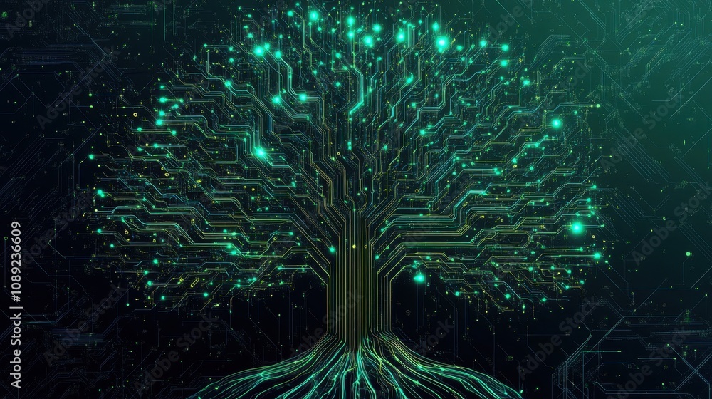 Poster futuristic digital tree design representing growth and networking with circuit patterns, ideal for t