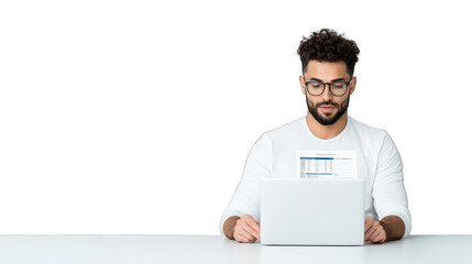 Man working on a laptop with a document displayed. Transparent background.