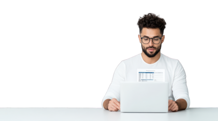 Man working on a laptop with a document displayed. Transparent background.