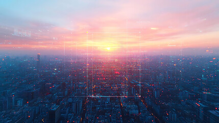 Economic contraction signals. stunning cityscape at sunset, showcasing digital overlay with data visualization elements. vibrant colors of sky blend beautifully with urban landscape