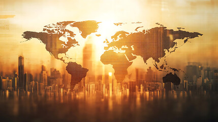 Economic contraction signals. World map silhouette against glowing city skyline, symbolizing global finance and connectivity, with warm golden hue enhancing atmosphere