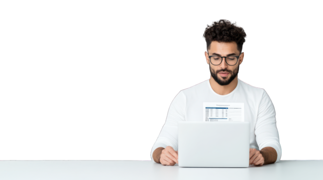 Man working on a laptop with a document displayed. Transparent background.