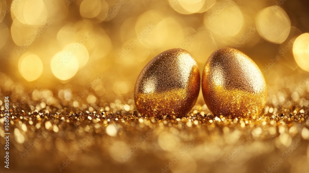 Aufkleber two golden eggs resting on a shimmering golden surface surrounded by sparkling bokeh lights in an el