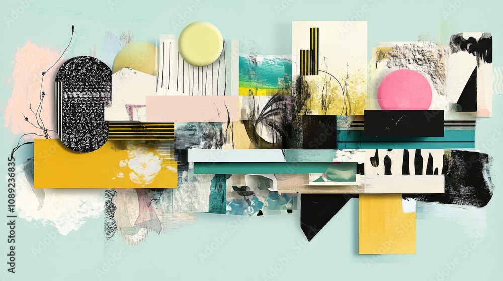 Poster abstract composition with light blue background and geometric shapes creating depth and dimension