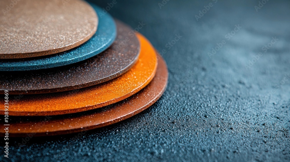 Poster stacked ceramic plates in different shapes sizes and vibrant colors arranged on a plain dark backgro