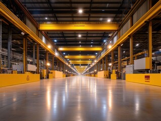 spacious industrial warehouse interior with bright lighting and yellow accents