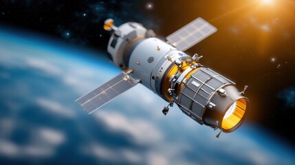 Futuristic satellite spacecraft hovering in orbit above Earth s atmosphere against a backdrop of distant stars and galaxies  The satellite is illuminated by a soft glow
