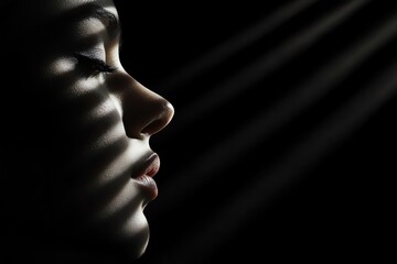 Profile of a woman with shadows, ethereal light creating dramatic effect.