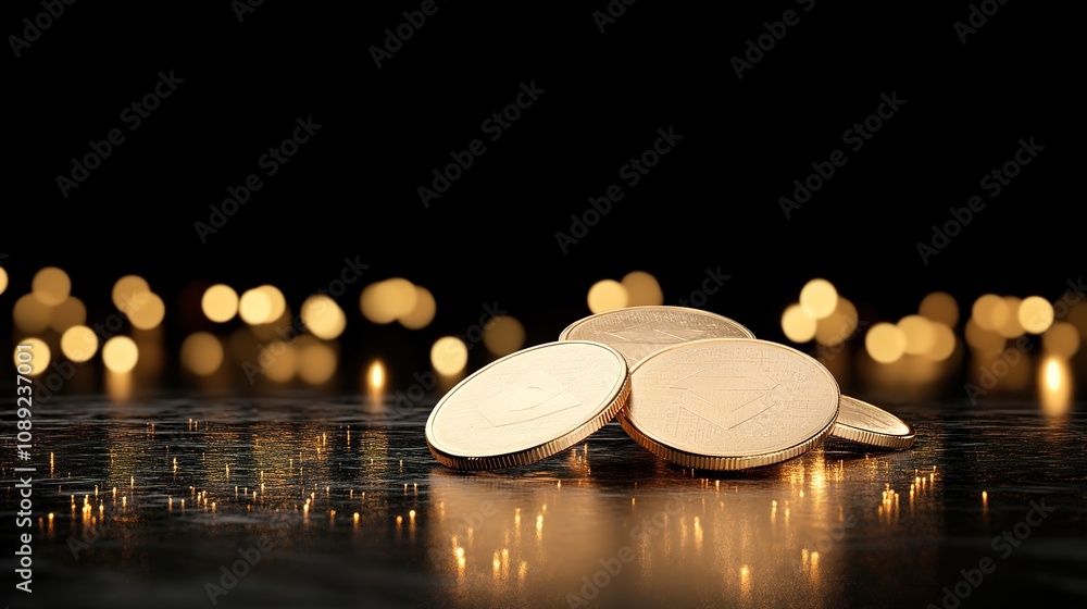 Poster glimmering gold coins stacked on a reflective surface with soft bokeh lights in the background, perf
