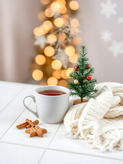 Christmas background. Hot tea and cookies. 