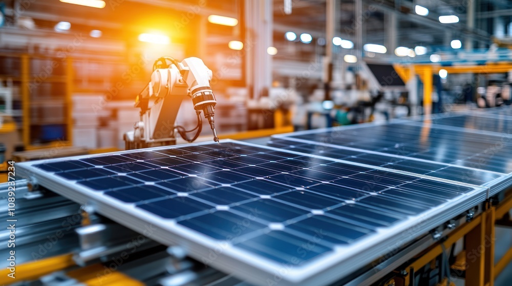 Poster a robotic arm assembling solar panels in a factory setting.