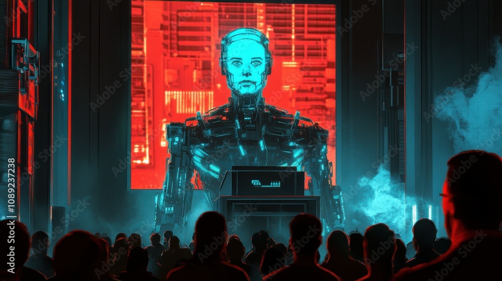 Poster futuristic scene of a large robotic figure presenting to a crowd in a neon-lit urban environment wit