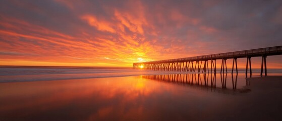 stunning sunset over a tranquil beach with pier reflection