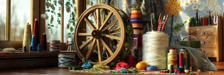 An old-fashioned spinning wheel, sitting next to a collection of embroidery supplies.