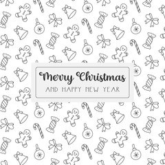 Christmas seamless pattern. Doodle black outline decoration on white. Winter holiday design for greeting card, cover, print, fabric. Vector illustration.