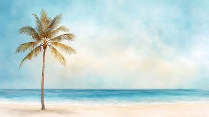 A beautiful watercolor painting of a palm tree standing tall on a sandy beach, with the crystal clear ocean in the background, perfect for a vacation themed design on a t shirt or logo.