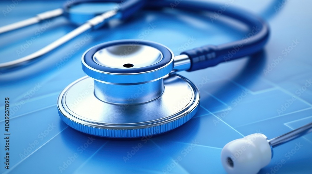 Poster high-resolution close-up of a stethoscope on a soft blue background with abstract medical design ele