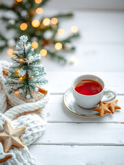 Christmas background. Hot tea and cookies. 