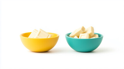 Minimalist composition of yellow and turquoise bowls filled with white chocolate cubes, set against a clean white background, perfect for food branding or dessert promotions.