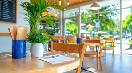 Fototapeta premium A cozy and inviting cafe interior with lush greenery natural light and comfortable wooden tables and chairs creating a peaceful and relaxing atmosphere for dining gathering and enjoying refreshments