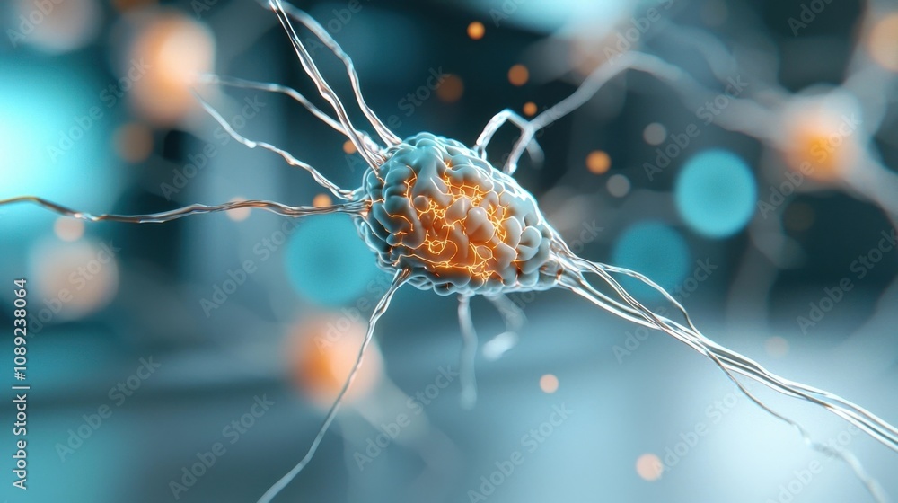 Poster futuristic glowing neural network depicting digital brain connectivity neuronal communication and ad