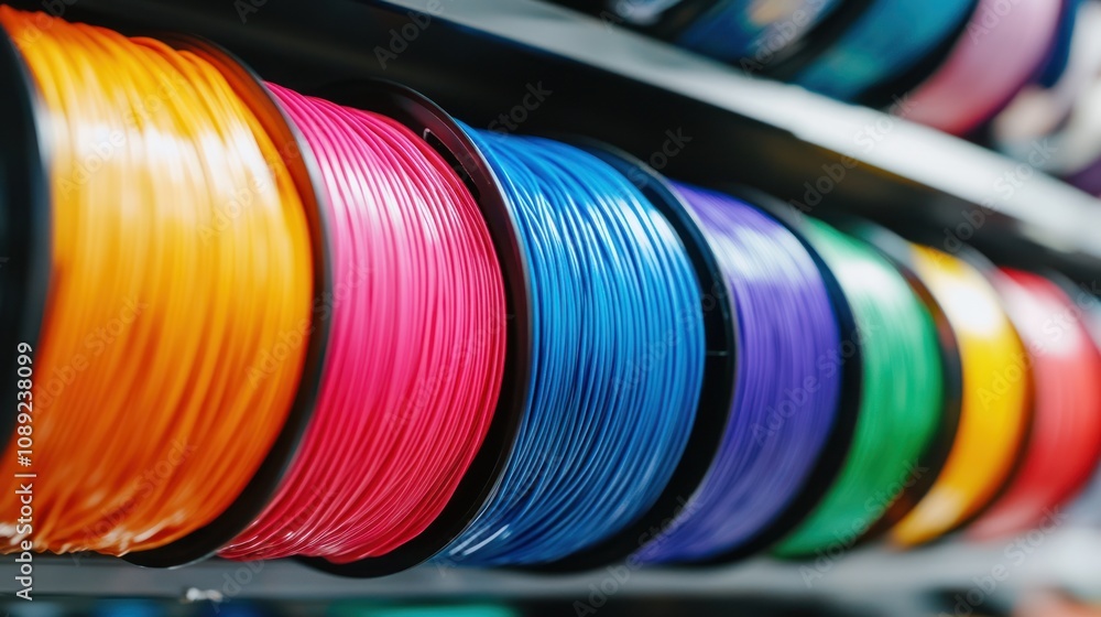 Aufkleber a close-up of colorful spools of 3d printing filament arranged on a shelf.