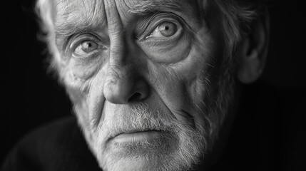 Obraz premium Thoughtful Black and White Close-Up Portrait of Elderly Man with Deep Expression