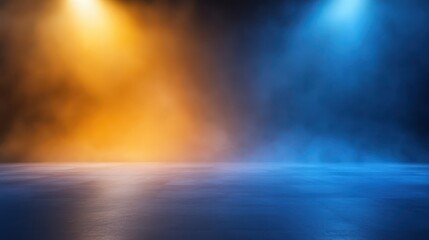 Dramatic stage illumination, spotlights and smoke create captivating atmosphere for performance