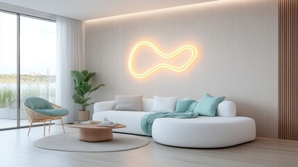 An ultra-minimalist living room with white furniture and a glowing neon art piece