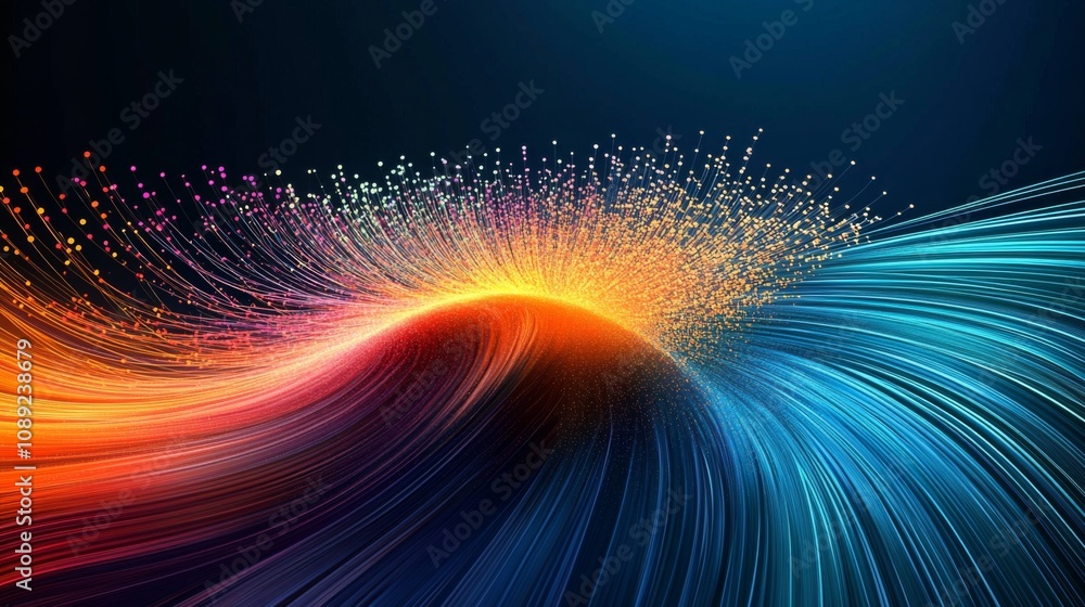 Poster abstract digital art: colorful wave structure representing network data flow on dark blue background