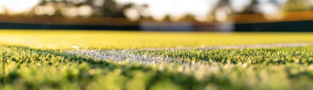 Poster close-up view of a sports field with artificial grass and white markings.