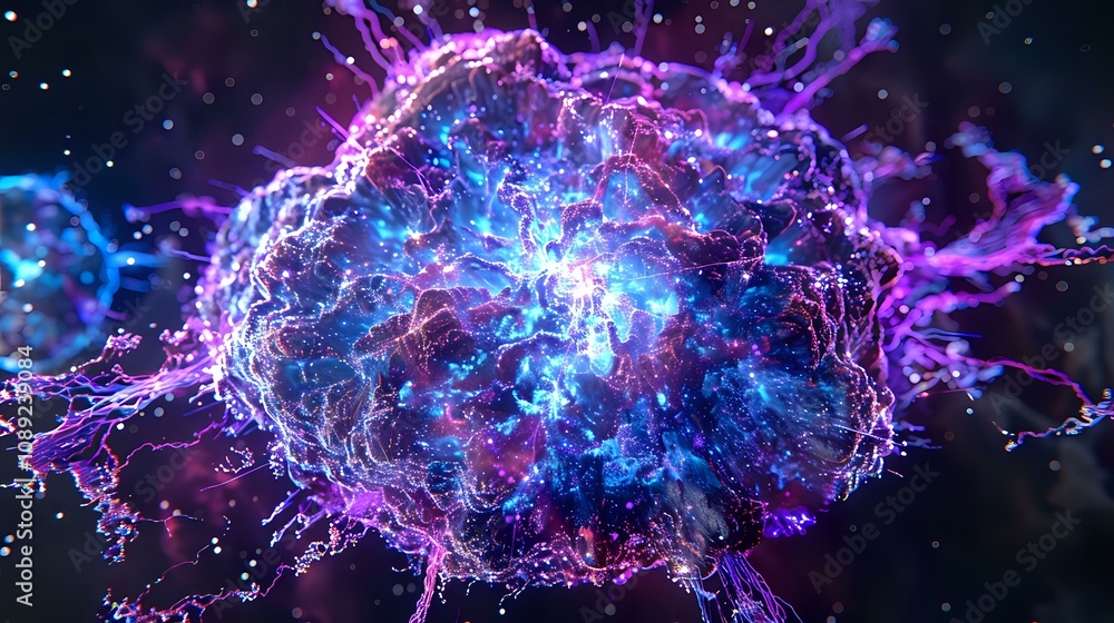 Poster a vibrant, abstract representation of a neural network or cellular structure.