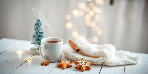 Christmas background. Hot tea and cookies. 