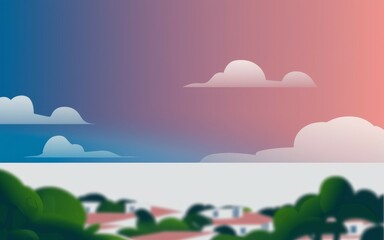 Fototapeta premium Peaceful sunset village. Serene evening scene; village calmness, rosy sky, tranquil feeling.