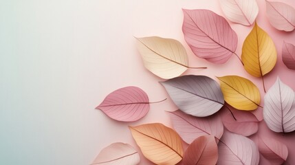 Colorful pastel leaves arranged in scattered flat lay on soft gradient background, creating peaceful and serene atmosphere.