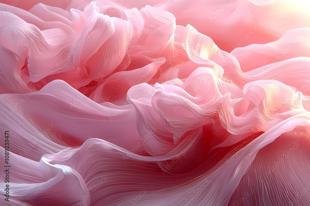 Poster a mesmerizing abstract image featuring flowing pink and soft white fabric-like textures, creating a 