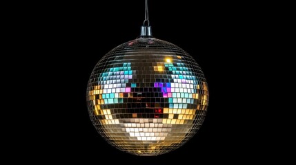Obraz premium Glittering Disco Ball Hanging Against a Black Background Reflecting Colorful Lights and Creating a Festive Atmosphere for Parties and Celebrations