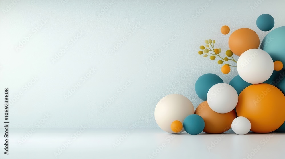 Poster vibrant and modern abstract composition with colorful 3d spheres circles and various geometric shape