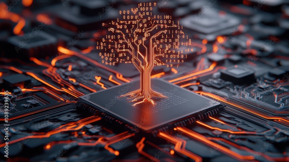 Poster a glowing tree made of digital code emerges from a microchip, symbolizing the fusion of technology a