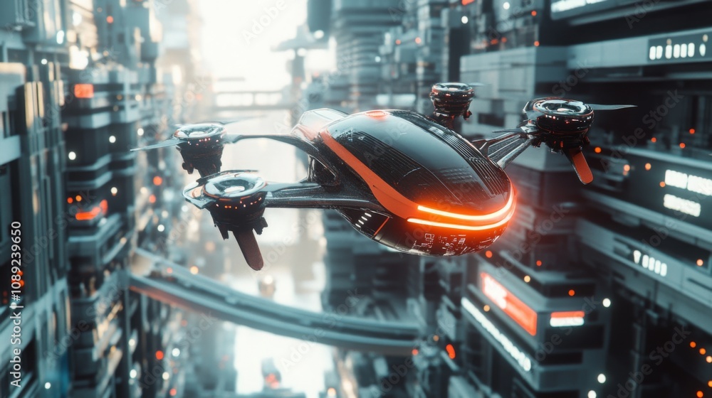 Aufkleber a black and red futuristic drone flies through a city with chrome-like buildings. the drone is equip