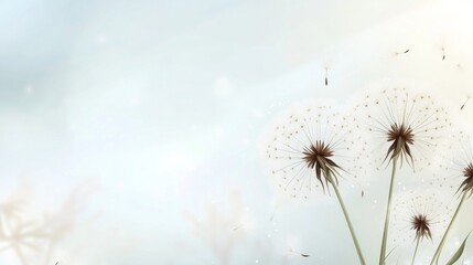 Dreamy Dandelion: Ethereal Illustration of Blowing Seeds Against Blue Sky with Soft Clouds, Peaceful Serene Mood
