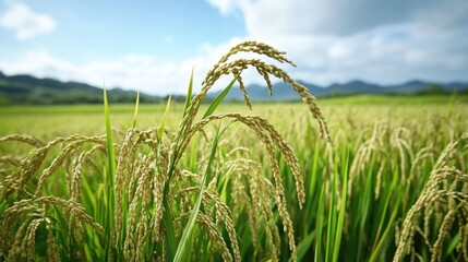 A close-up of ripening rice plants in a lush green field under a bright sky.