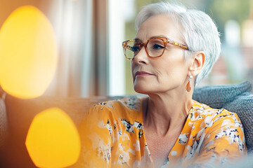 Woman in glasses,with gray hair sitting on a sofa looks thoughtfully out the window. Soft light, warm tones, golden hues. Menopause concept.