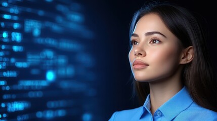 Woman exploring data visualization on interactive digital wall, unveiling future insights and patterns