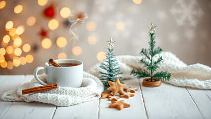 Christmas background. Hot tea and cookies. 